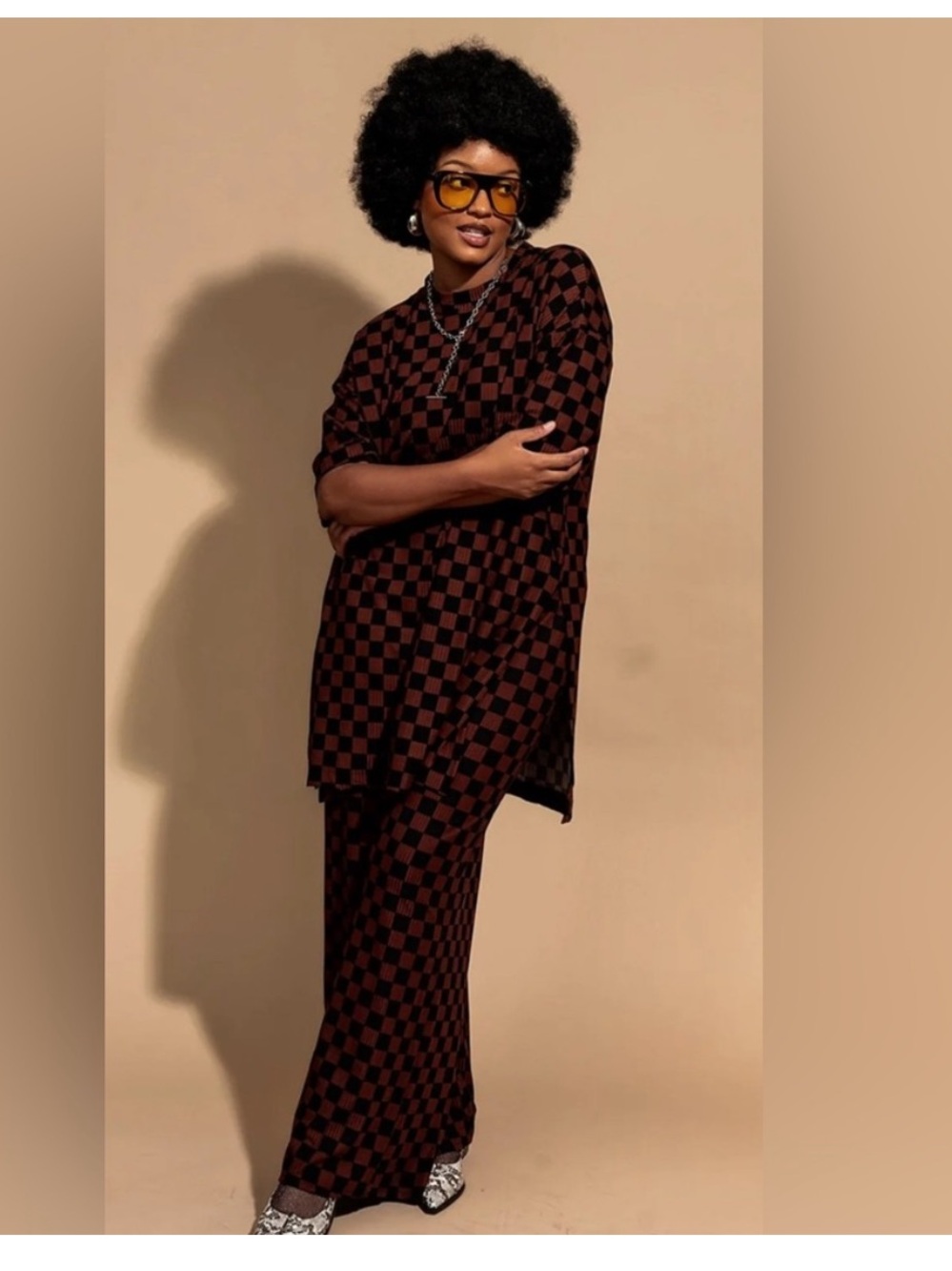 Dressed In LALA Lex Ribbed Playsuit - Brown/Black Checkerboard Size 3XL - Picture 3 of 16